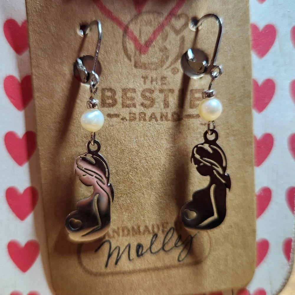 Silver in Color Freshwater Pearl Motherhood Pregancy Baby Shower Dangle Earrings